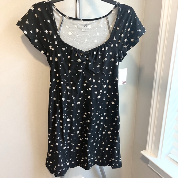 Black Floral "SO" Flutter Babydoll Mini Dress (XS) - Picture 1 of 5